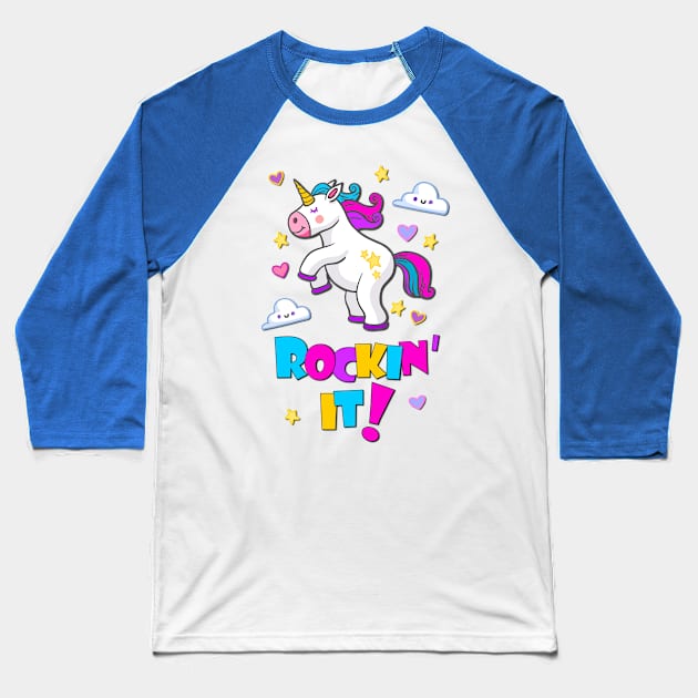 Rocking It Dancing Unicorn Baseball T-Shirt by AlondraHanley